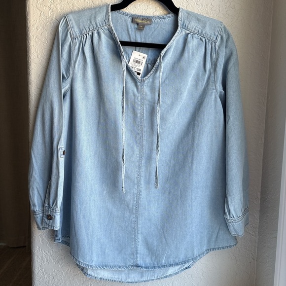 Style & Co. Tops - Womens PS Denim Blouse Blue Cotton Tie Neck Roll Tab Boho Cottage Coastal